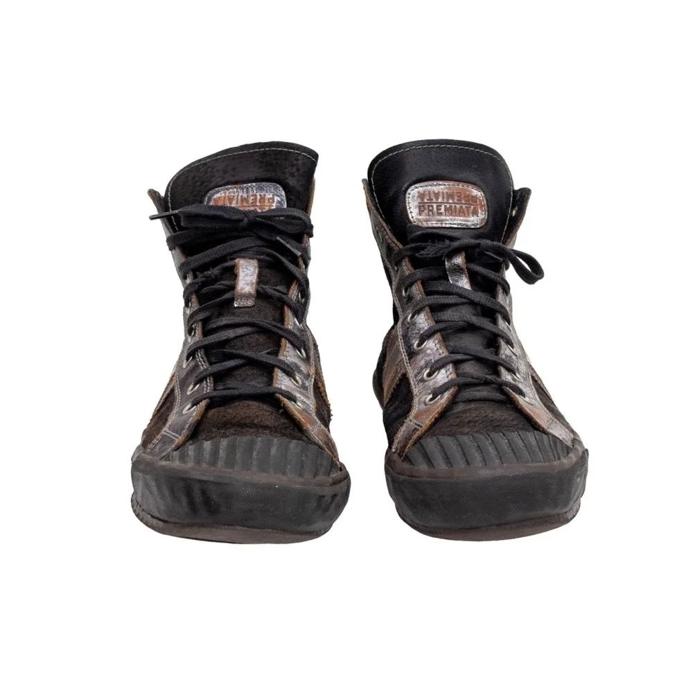Premiata Men's High Top Leather Sneakers Black Silver Distressed Italy Size US 9